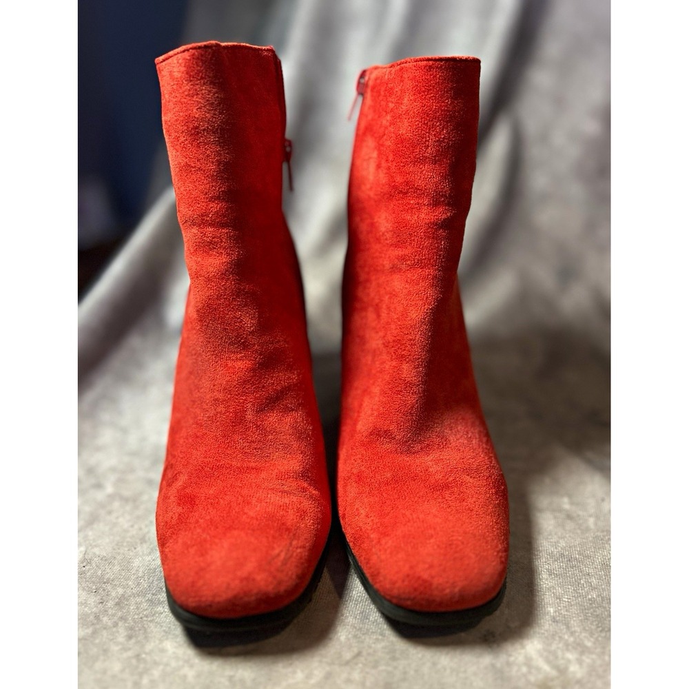 Women's Red Suede Ankle Booties Round Toe Block Heel Side Zip Solid